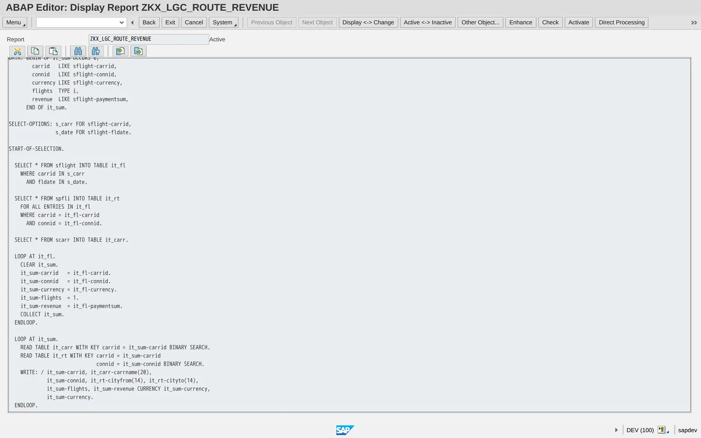 SAP GUI ABAP Editor showing report ZKX_LGC_ROUTE_REVENUE: SELECT from SPFLI and SCARR without ORDER BY, then READ TABLE with BINARY SEARCH