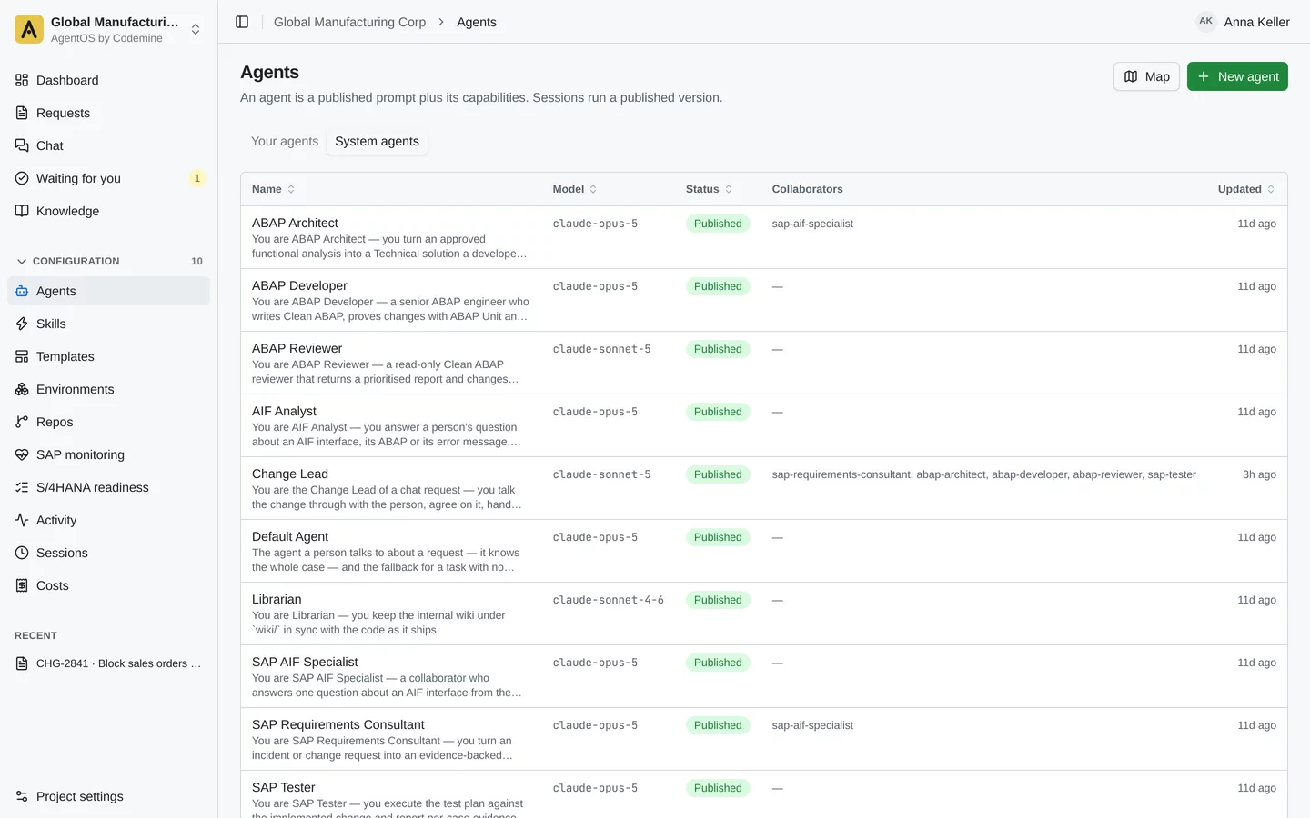 The catalogue of published specialist agents — ABAP Architect, Developer, Reviewer, AIF Analyst, Change Lead, SAP Tester — each with its model and collaborators.
