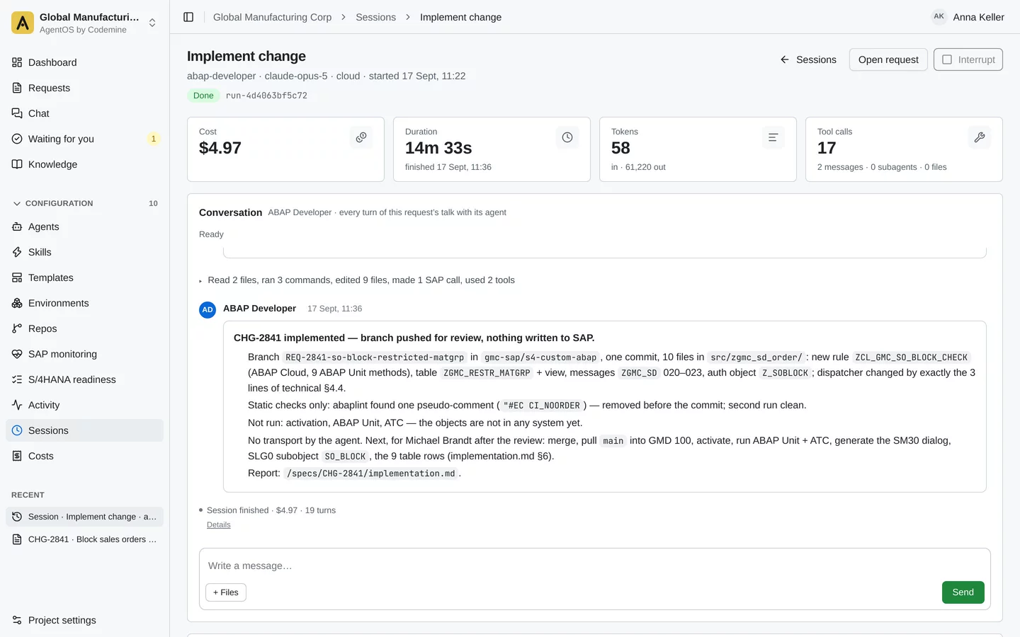 One agent session: cost, duration, tokens and tool calls, and the agent’s report — branch pushed for review, nothing written to SAP.