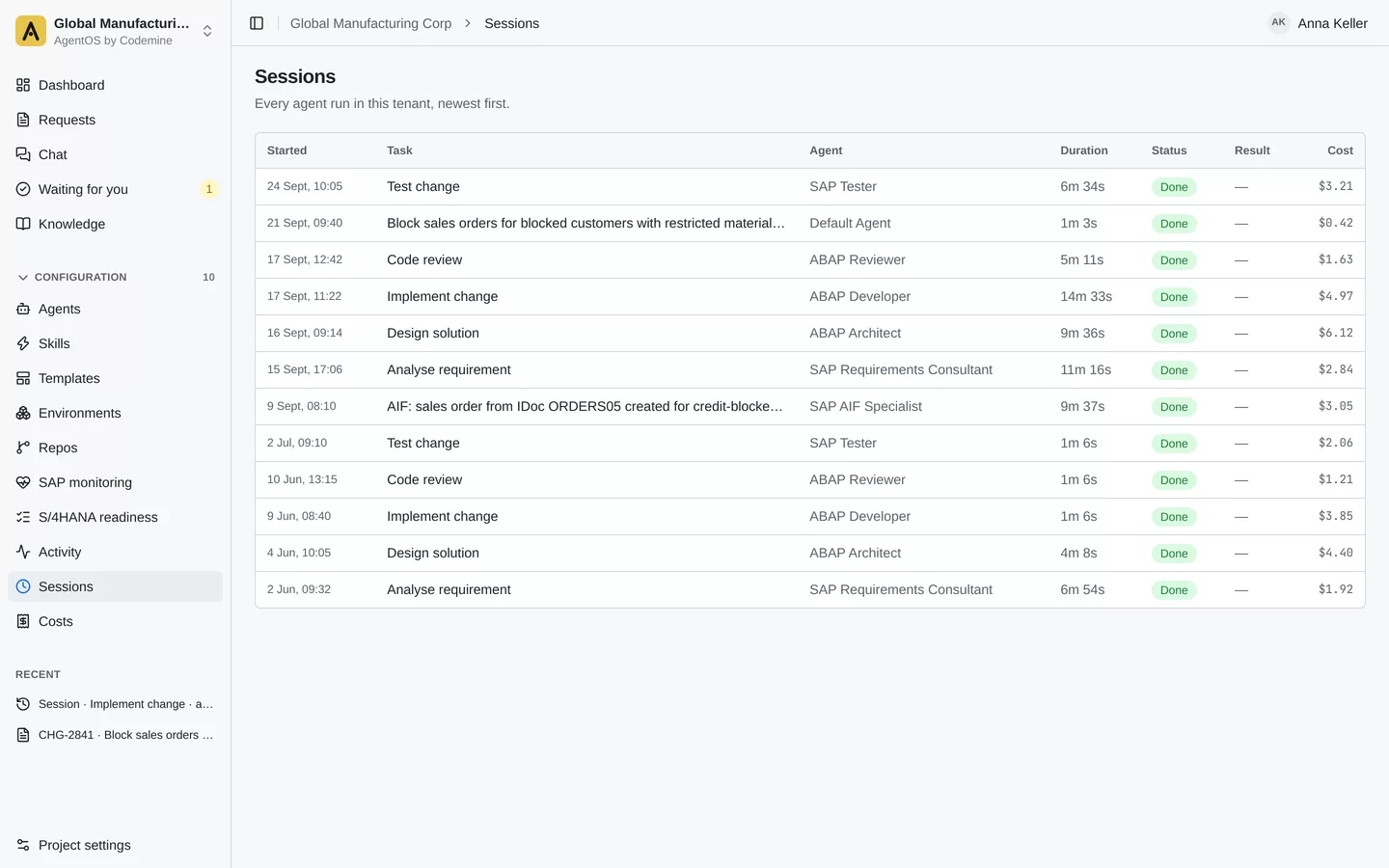 Every agent run in the tenant with its task, agent, duration, status and cost.